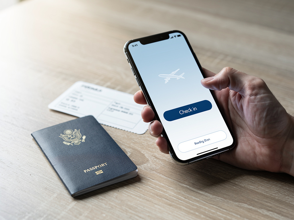 A hand holding a smartphone next to a passport and boarding pass on a light wooden table.