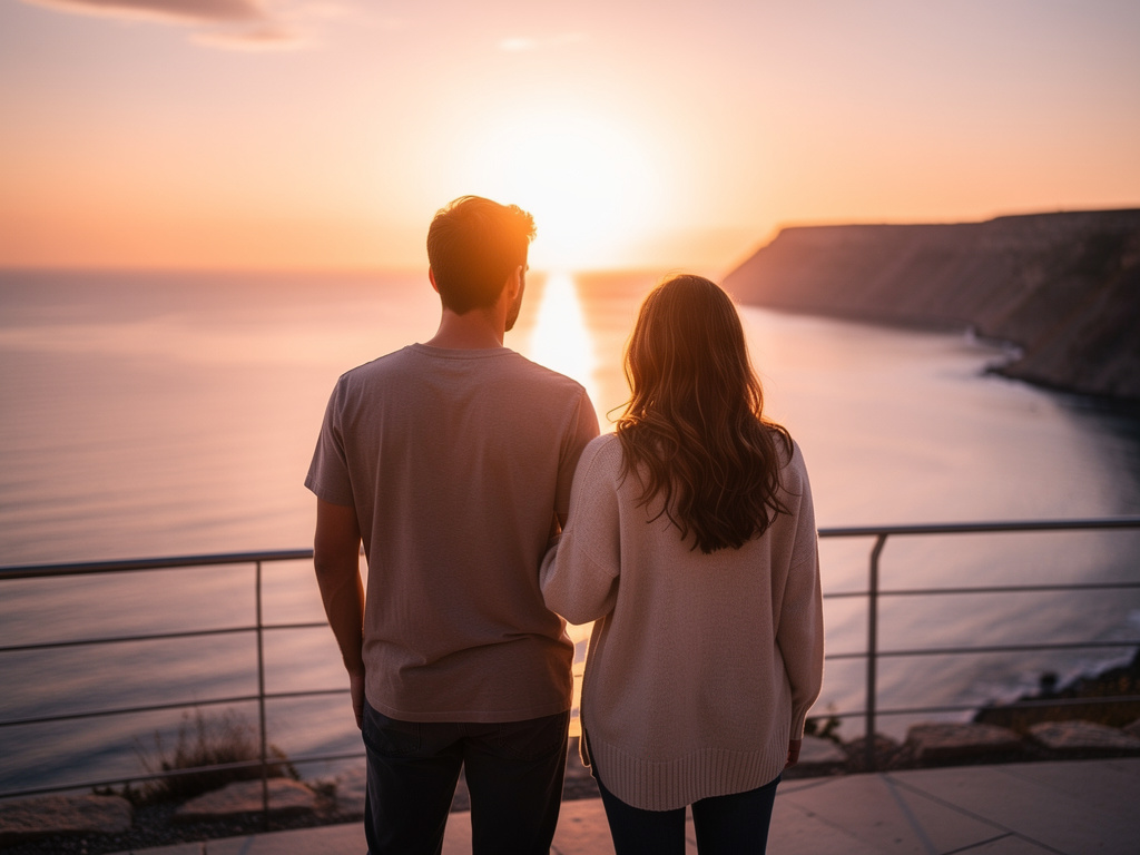 A couple seen from behind looking at a coastal viewpoint over the ocean at sunset.