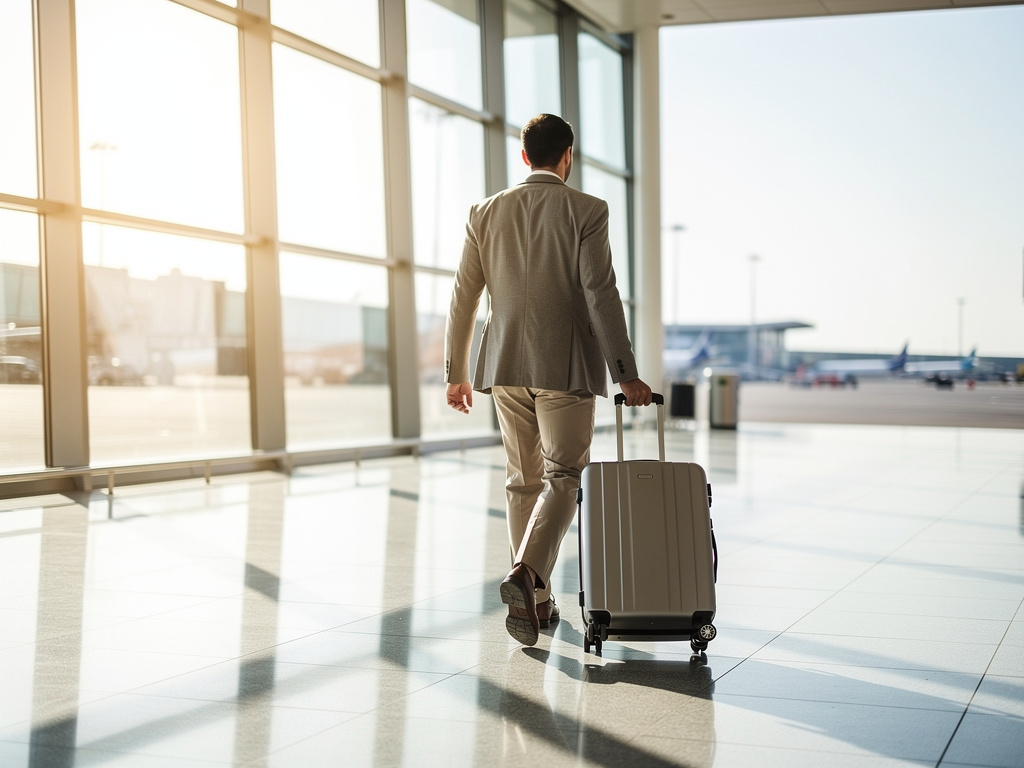 A traveler walking with a rolling suitcase through a sunlit airport terminal with large windows.