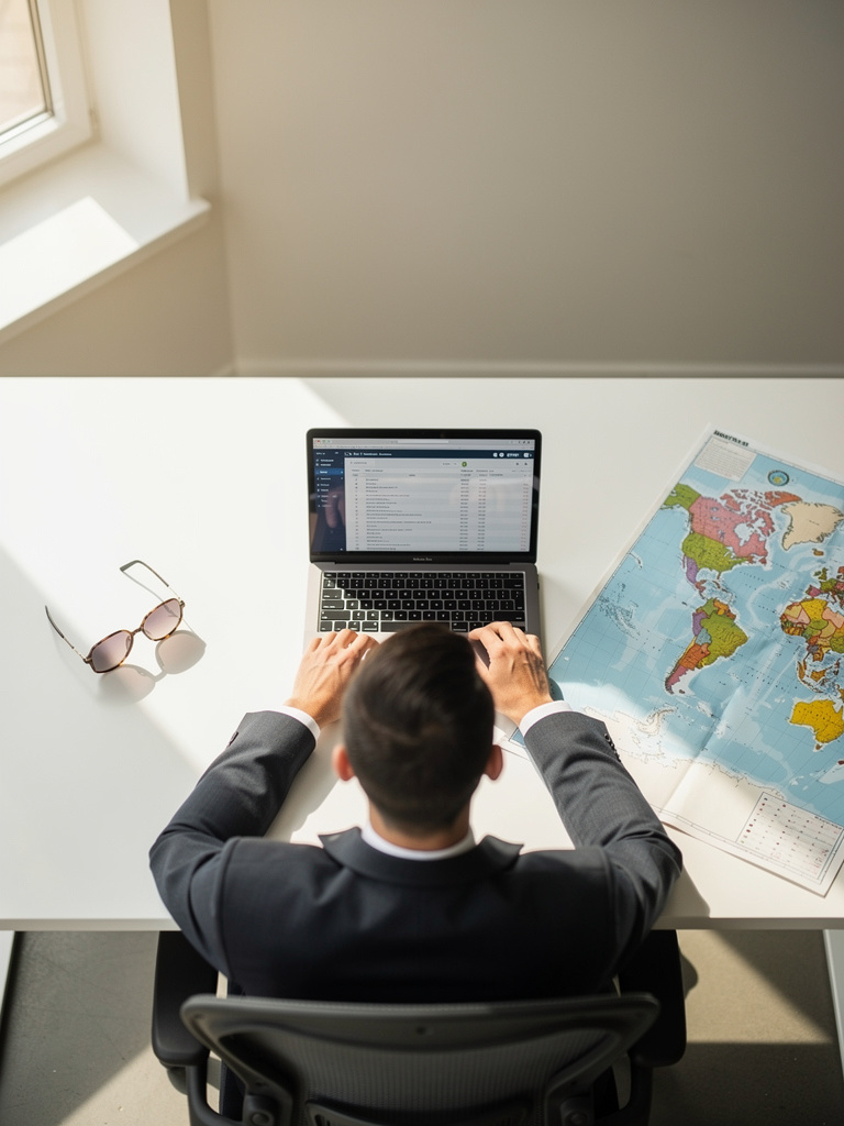 A travel planner seen from behind at a bright desk with a laptop, a world map and a pair of sunglasses.